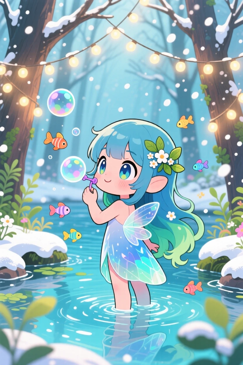 In a crystal-clear woodland spring, a water nymph is blowing bubbles that turn into tiny fish during a cozy winter snowfall, bathed in glowing string lights, expression full of brave confidence. Shot as an over-the-shoulder view.