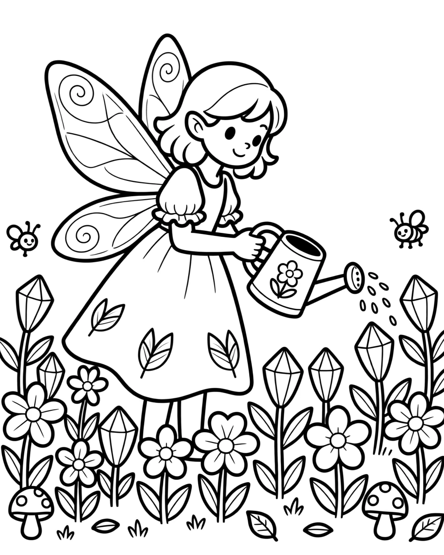 A forest sprite watering a garden of crystal flowers