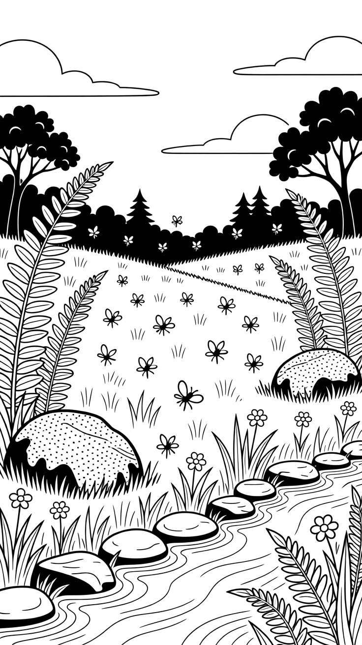 A firefly swarm glowing above a summer meadow at dusk, surrounded by tall ferns and moss-covered stones.