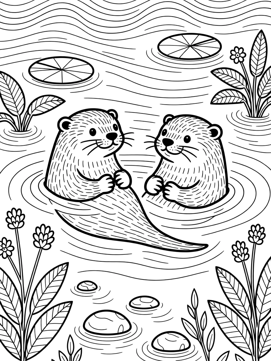 A pair of otters floating on their backs holding paws.