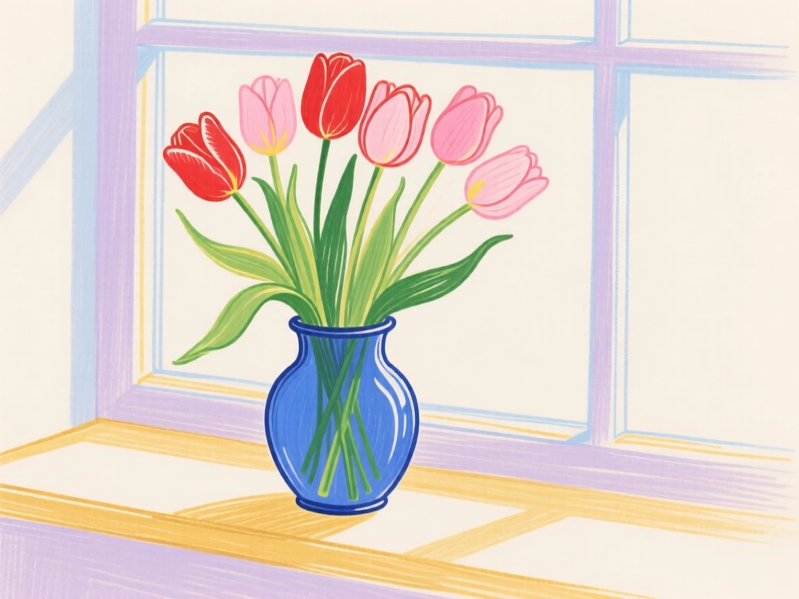 A vase of tulips in a sunlit windowsill.