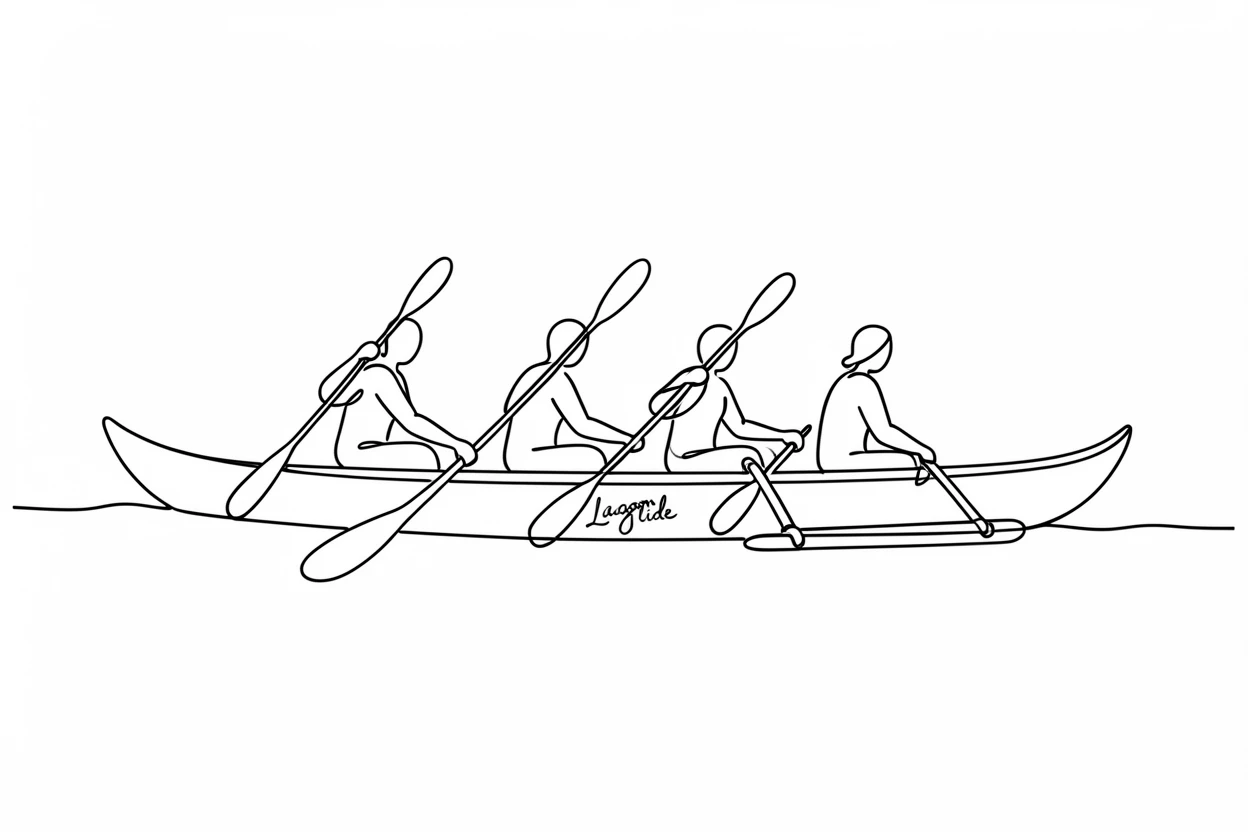A Polynesian outrigger canoe crew paddling together across a lagoon