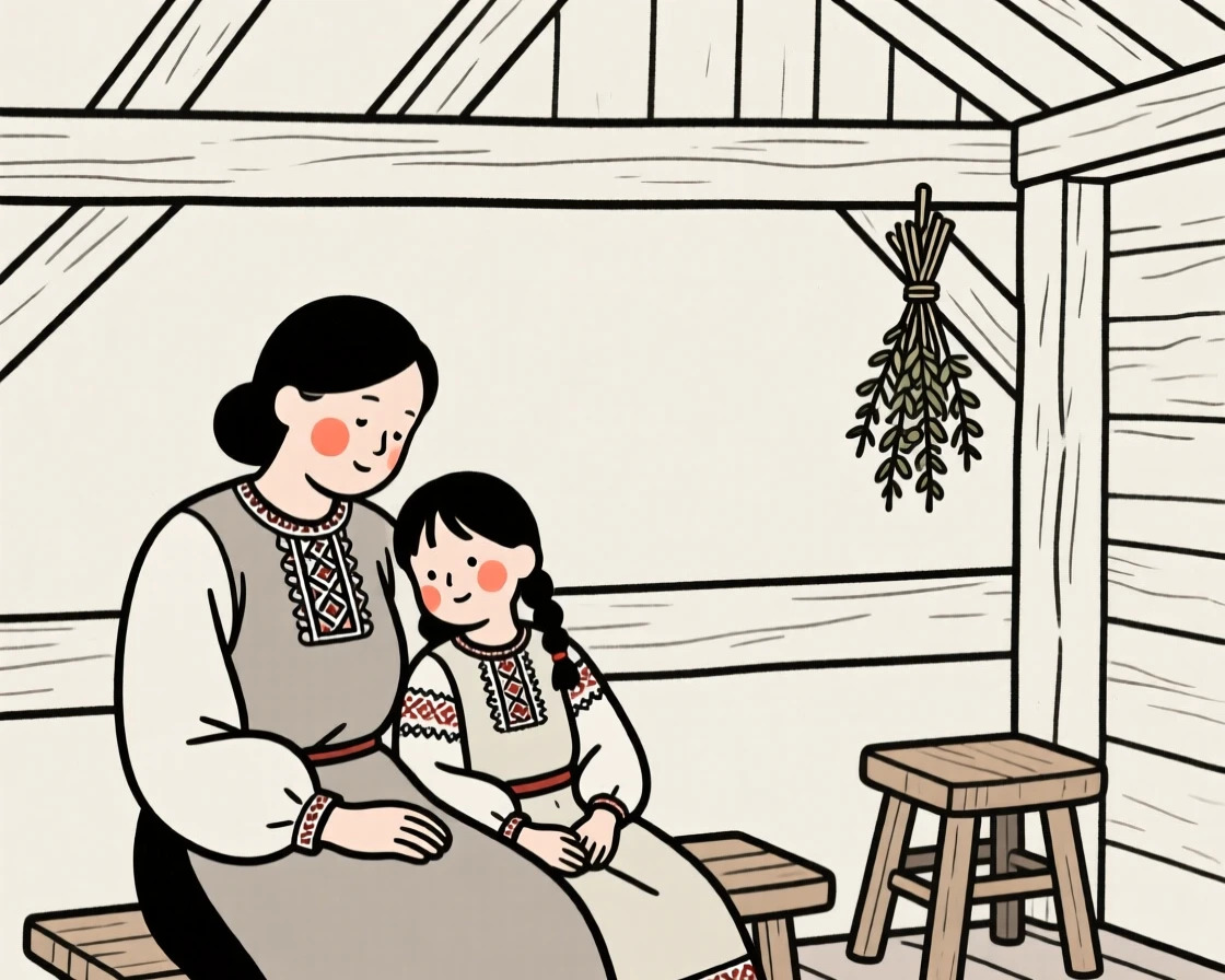 A mother and daughter of Norwegian heritage, resting in calm stillness, in a rustic barn.