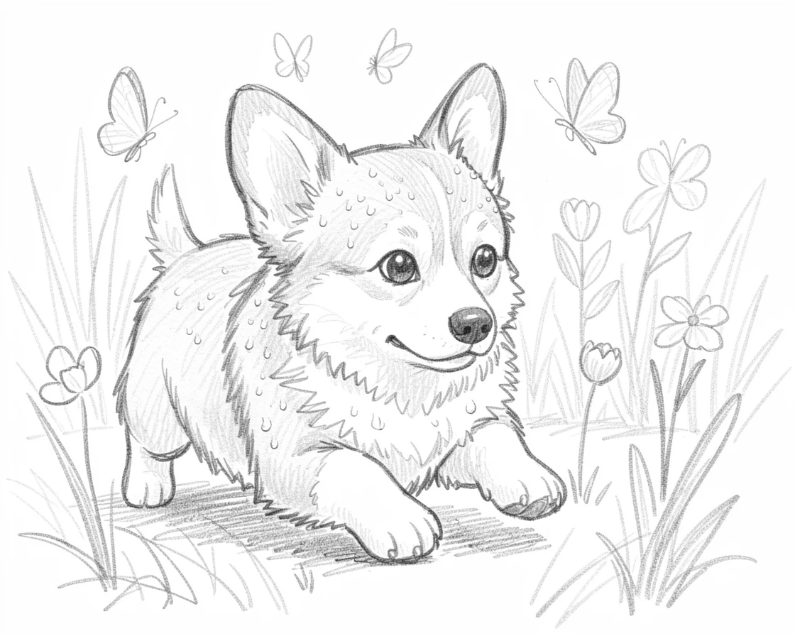 An adorable close-up of a curious corgi chasing butterflies through a garden, with dew drops sparkling on its fur.
