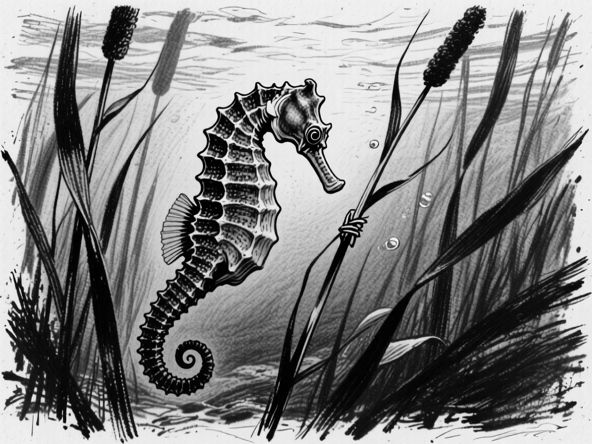 A seahorse hunting quietly through tall reeds.