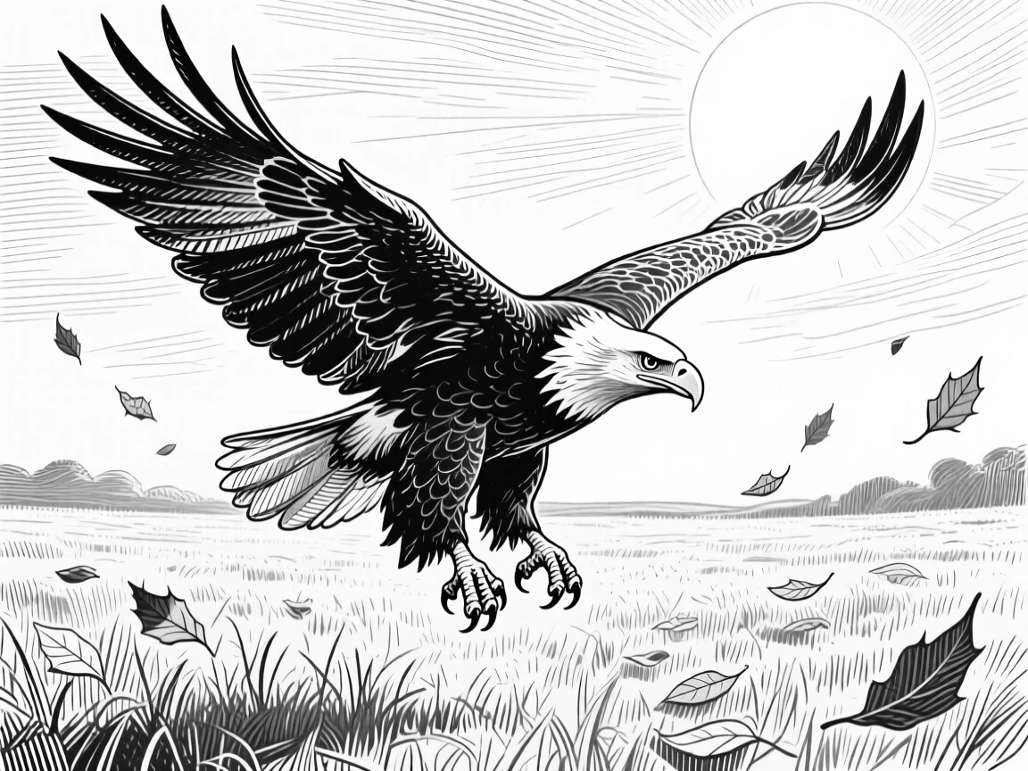 A soaring bald eagle in a sunlit meadow, surrounded by falling leaves, capturing a calm and dignified moment in nature with a strong, centered focal point.