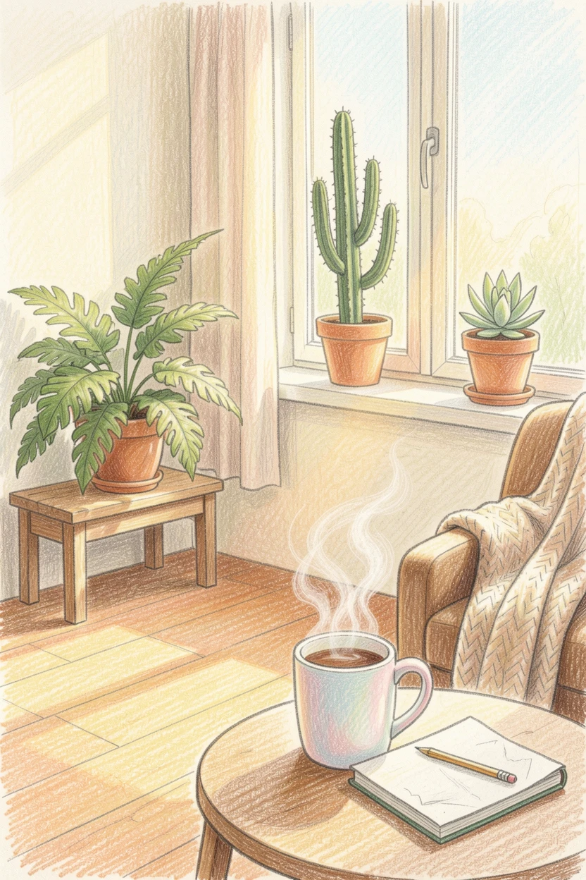 A light-filled studio apartment with plants and soft morning sun, with steam rising softly from a nearby mug, capturing the simple joys of home and hearth.
