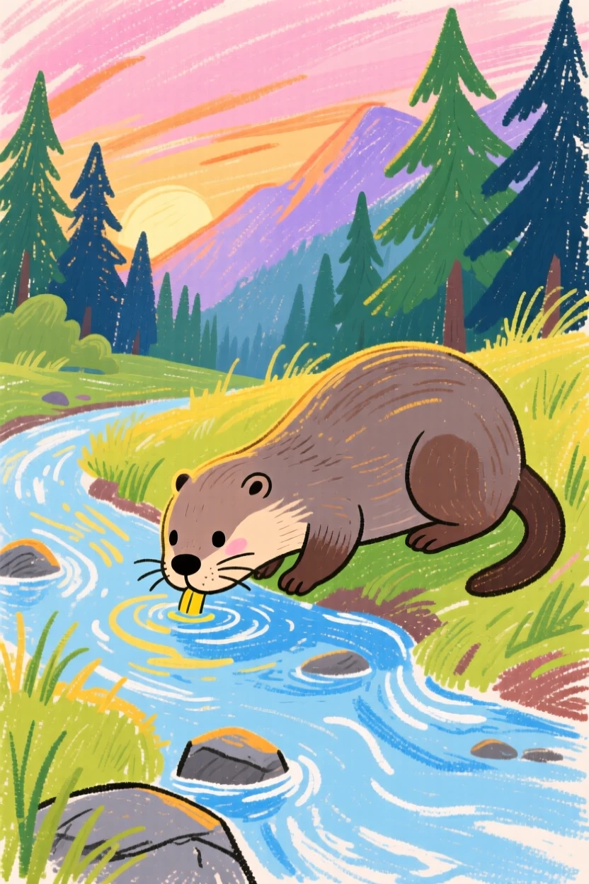 A mother otter drinking from a clear mountain stream at dawn.
