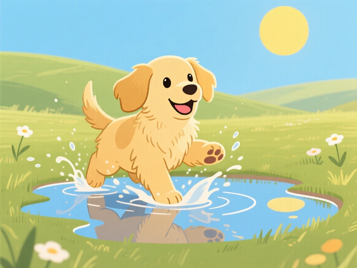 A playful golden retriever puppy splashing in a puddle in a sunny meadow.