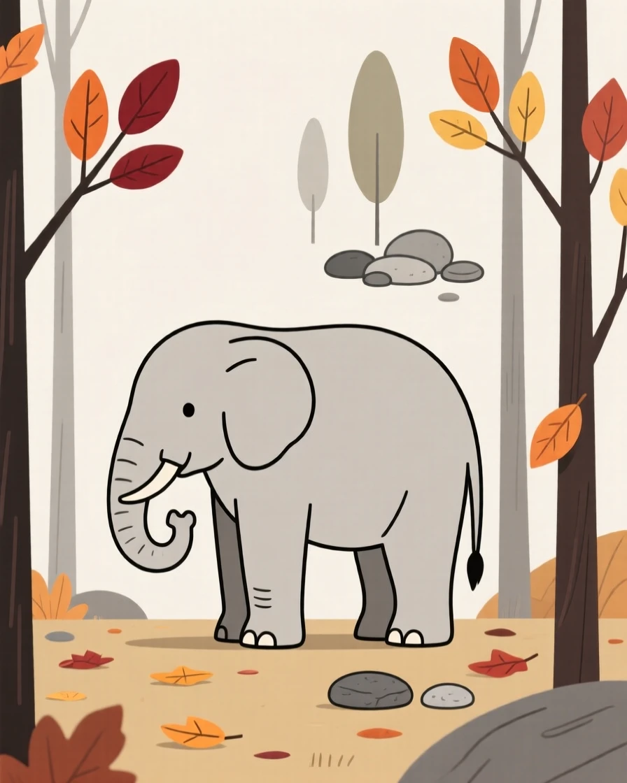 A curious elephant pausing in an autumn woodland, with a cluster of pebbles in the background, radiating gentle curiosity.