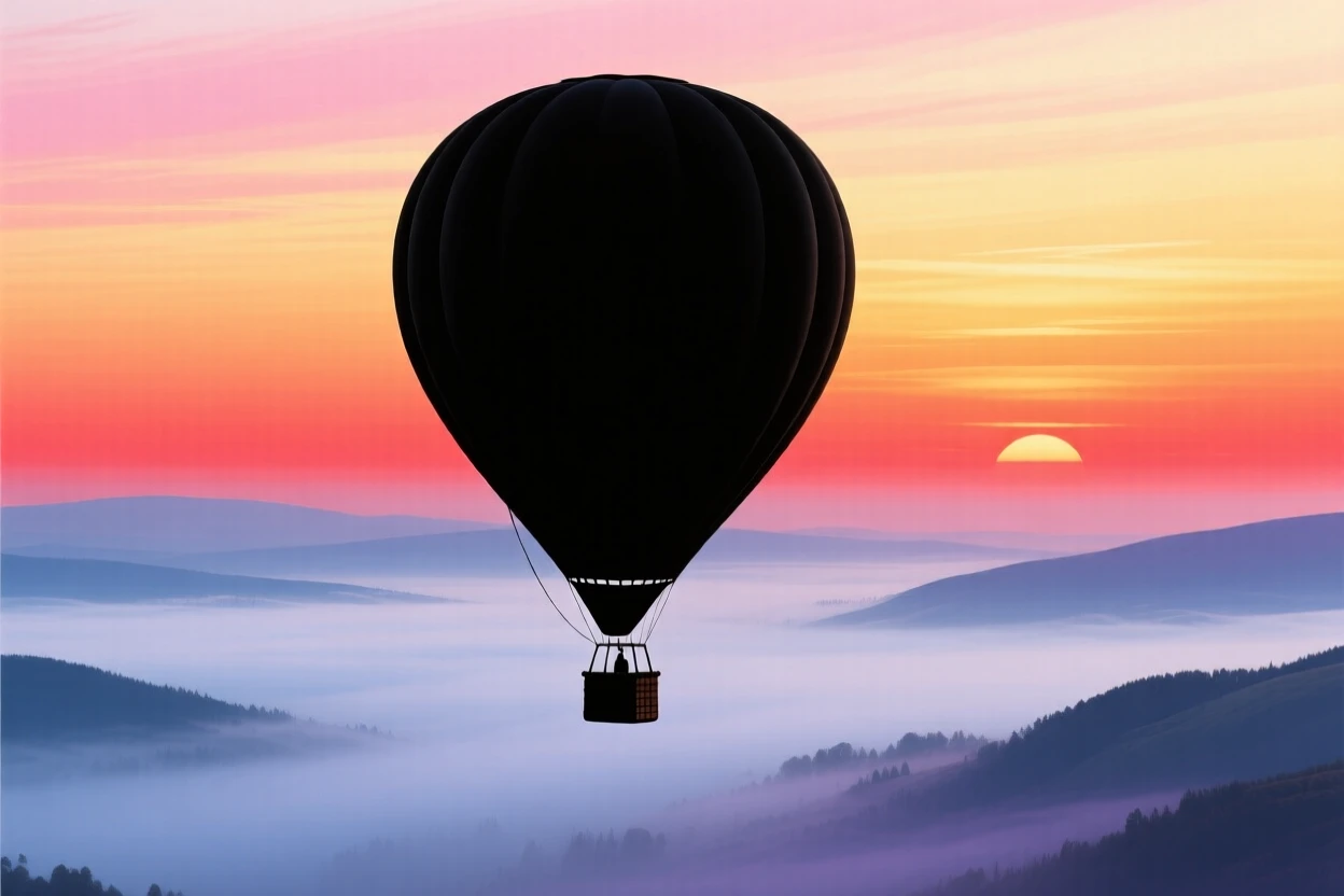 A single hot air balloon rising above a valley blanketed in morning fog.