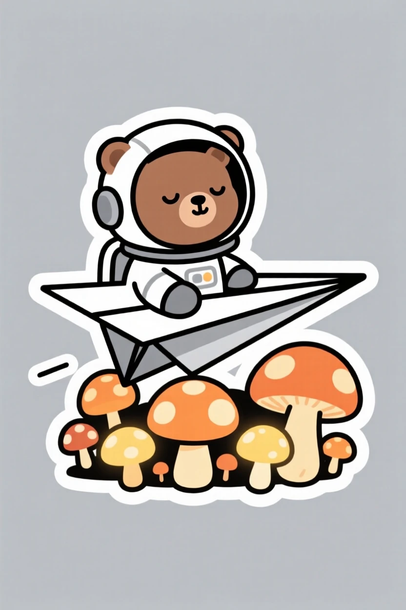 A sleepy tiny astronaut bear riding a tiny paper airplane, among mushrooms glowing softly at dusk.