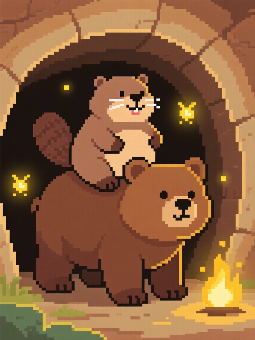A chubby beaver riding on the back of a larger friendly animal, inside a cozy burrow lit by fireflies.