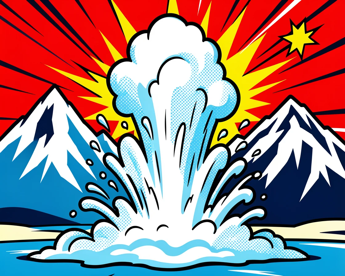 A geyser erupting against a backdrop of snow-capped peaks