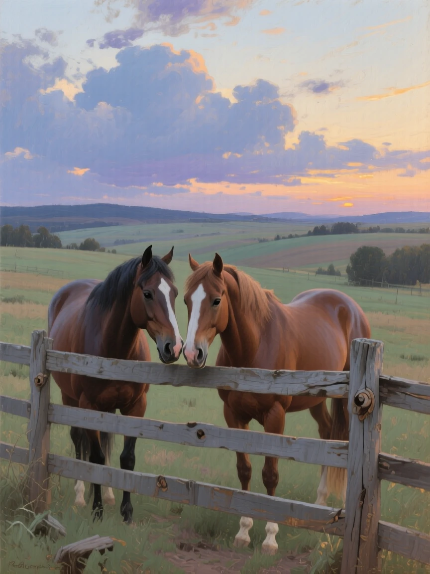An expansive vista of a pair of horses nuzzling over a wooden paddock fence, at twilight, beneath drifting clouds.