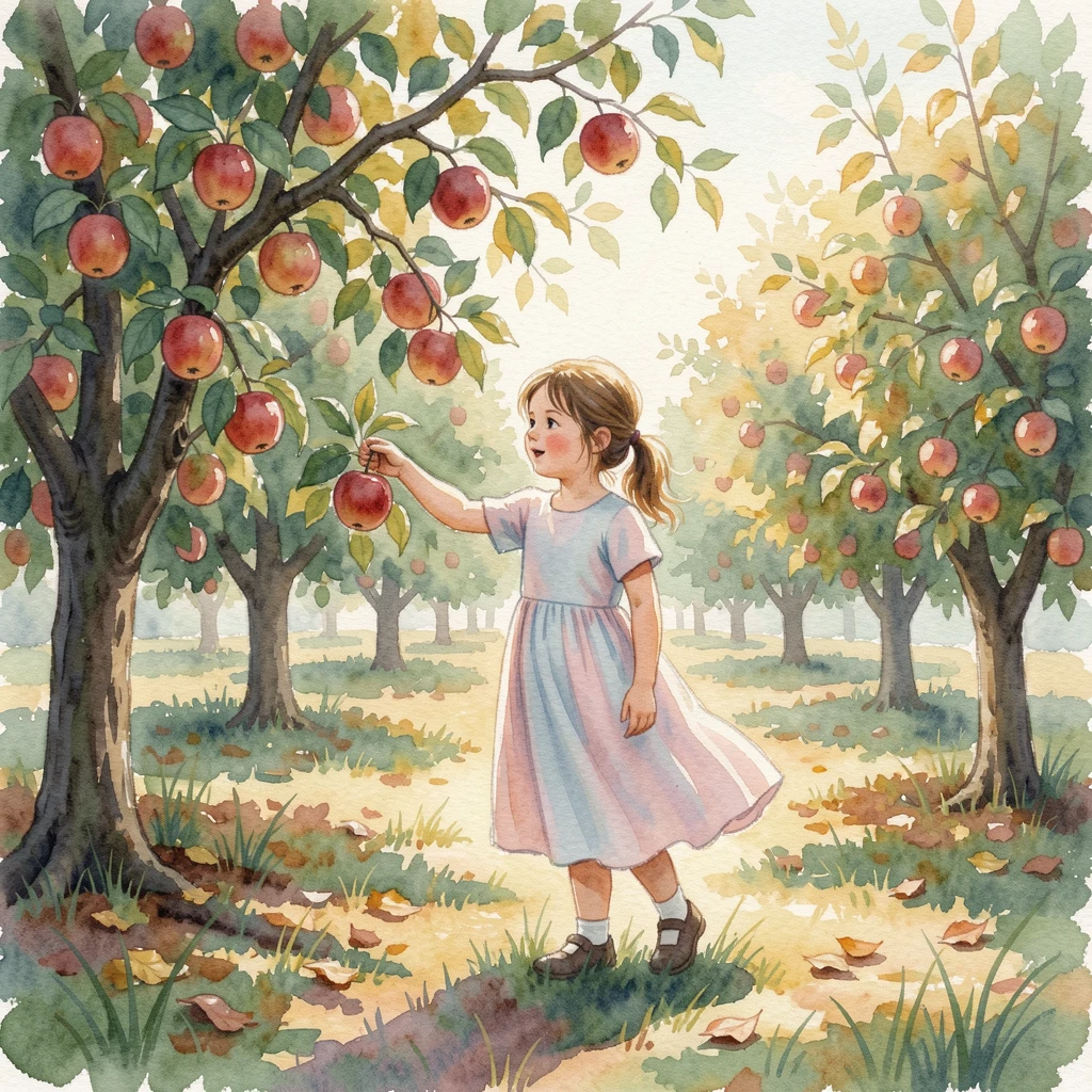 A little girl picking apples in an orchard.