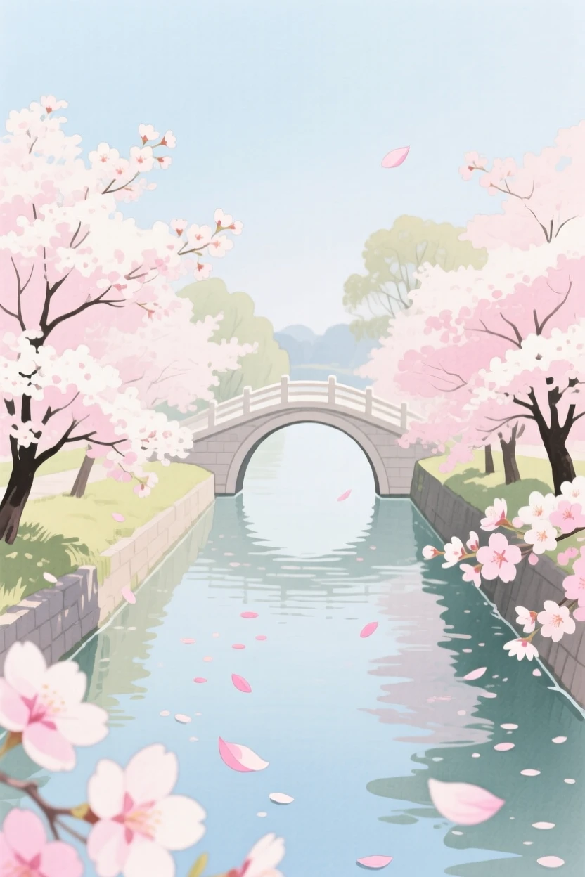 Cherry blossom trees line a quiet canal in full bloom, pink petals drifting onto the water below a small arched bridge