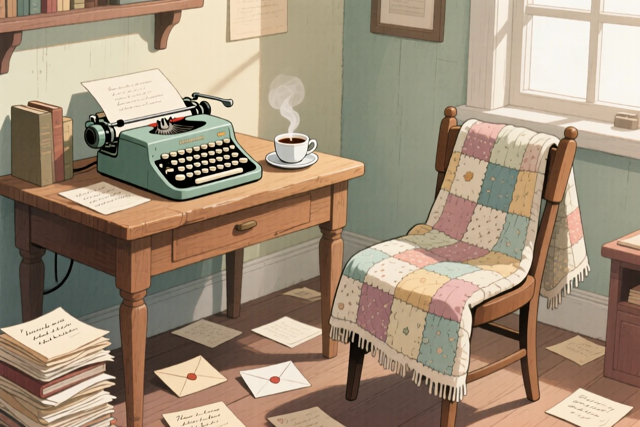 A quiet study with a typewriter, a cup of coffee, and stacks of handwritten letters, with a worn quilt draped over the nearest chair, evoking deep comfort and contentment.