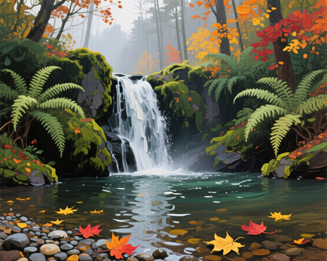 a waterfall hidden behind ferns, during the first days of autumn, with a clear foreground, subject, and distant setting.