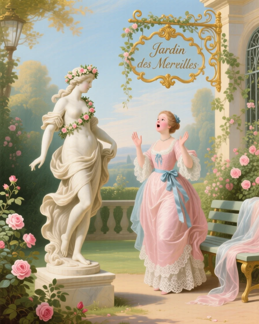 A garden statue coming to life to dance with a surprised young woman  
