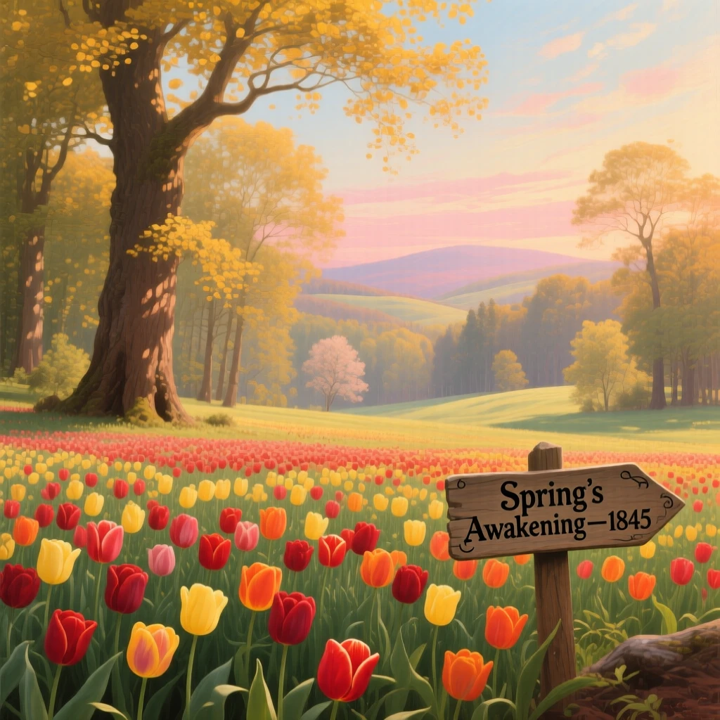 A field of tulips sway gently in a golden forest floor beneath a warm spring sky.