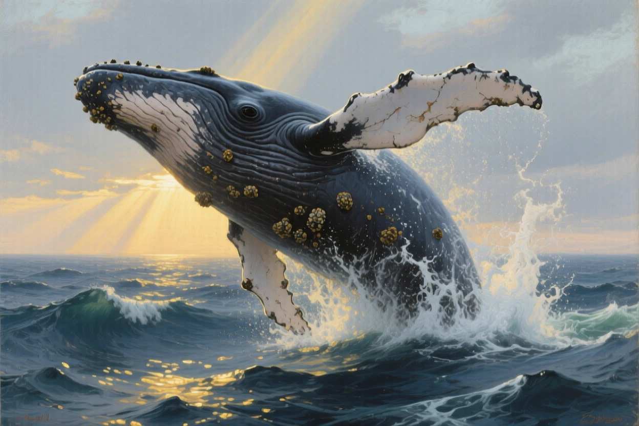 A humpback whale breaching dramatically above the ocean surface, with dramatic natural light catching every detail of its fur or feathers, celebrating the raw beauty and dignity of the animal kingdom