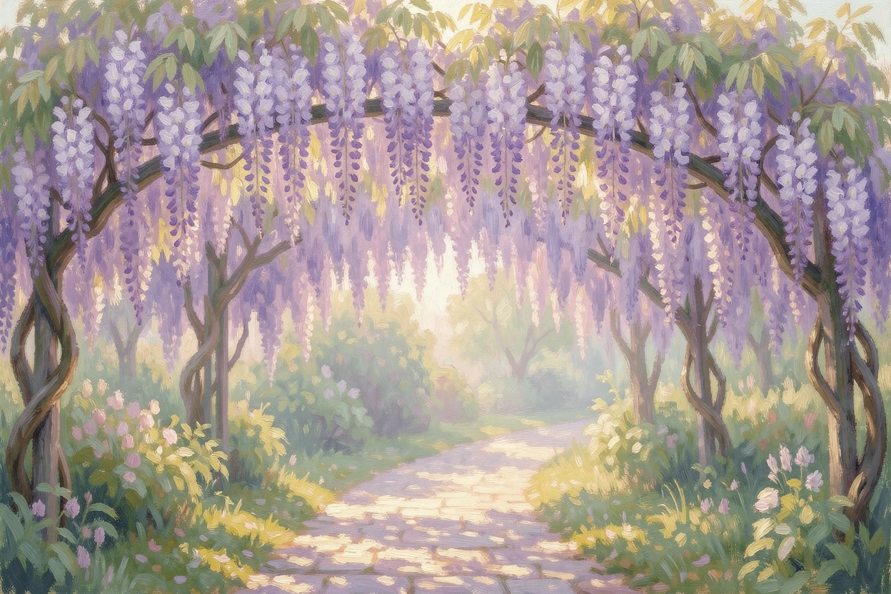 A cascading wisteria arbor in full bloom, purple blossoms hanging like curtains over a garden path.
