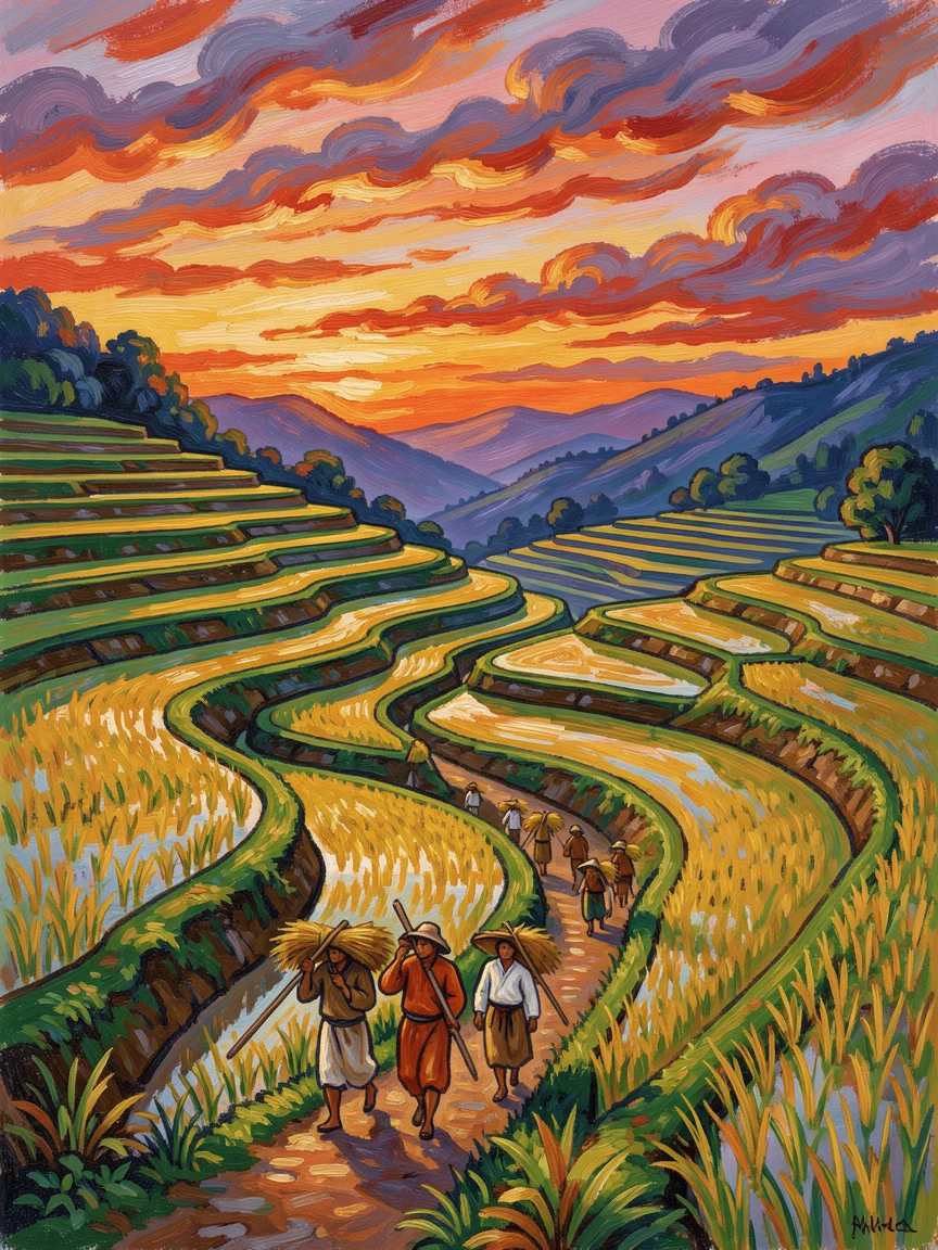 A tranquil rice terrace at sunset, farmers walking home along narrow earthen paths.