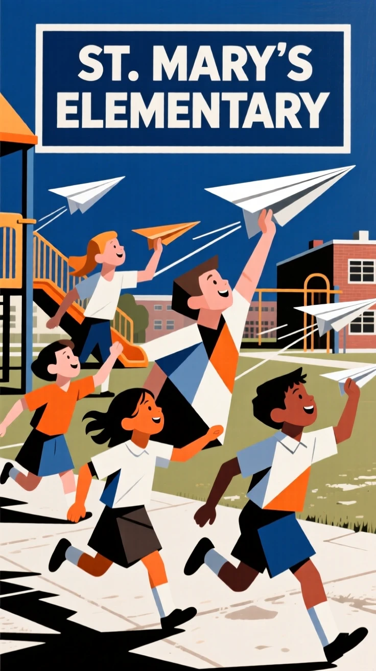 A group of children flying homemade paper airplanes across a schoolyard.