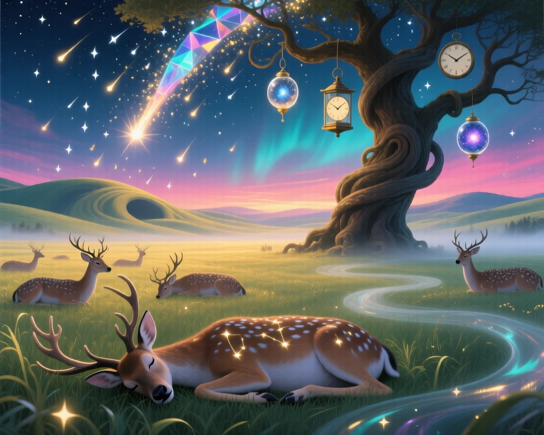 A meteor shower raining gently over a field of sleeping deer casts a soft glow across a still and quiet landscape, as a soft golden light spills over distant sleeping hills.