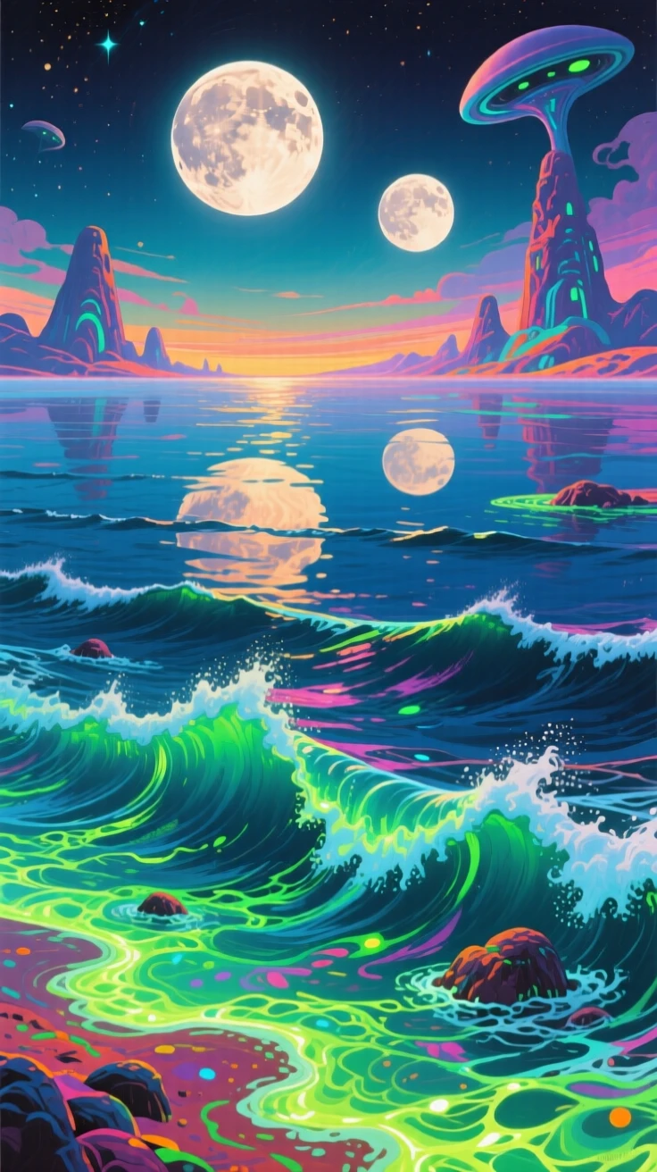 A distant alien ocean world with twin moons reflected in its glowing bioluminescent waves