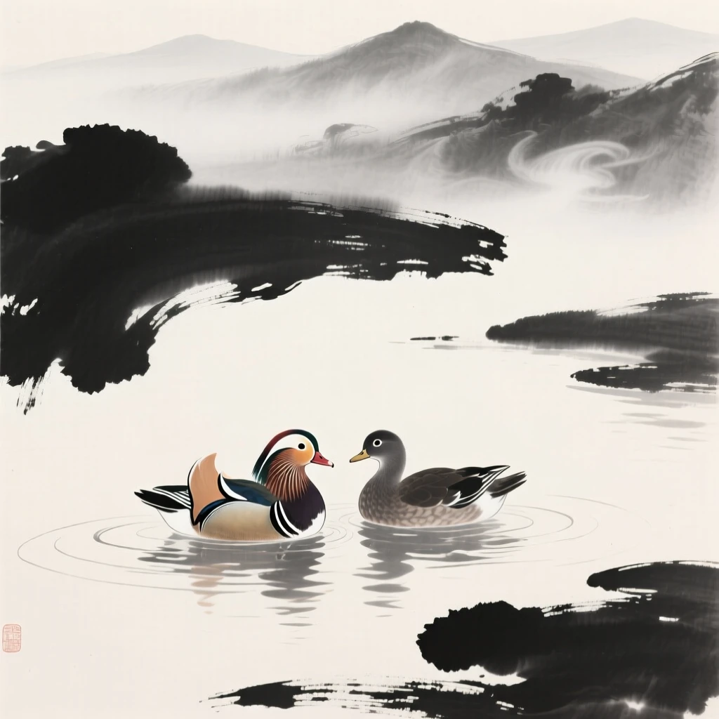 A pair of mandarin ducks float side by side on a pond, with distant mountains fading into the mist.