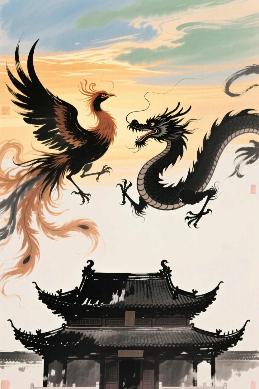 A phoenix and dragon circling above a temple bathed in golden light, under a sky streaked with clouds.