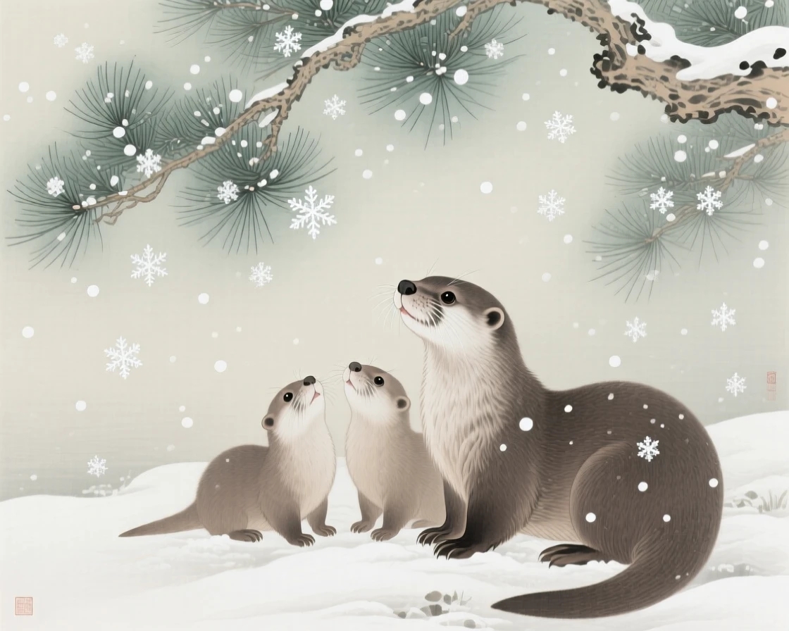 A family of otters watching snowflakes fall from beneath a pine bough