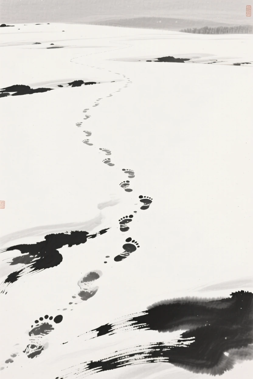 A quiet trail of footprints leading across untouched snow, composed with vast open space to emphasize solitude, capturing a fleeting, meditative moment of peace.