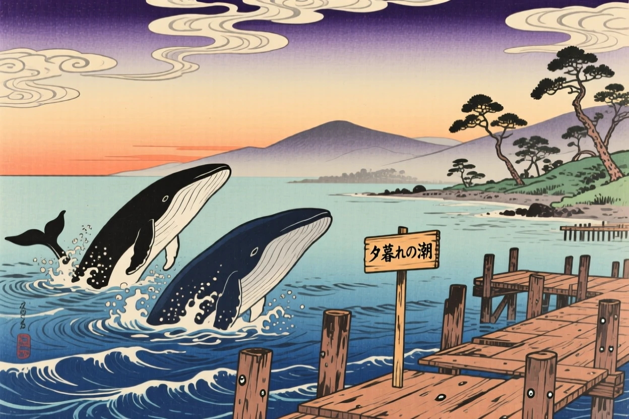 A pod of breaching whales beside weathered wooden piers, in the last light of evening.