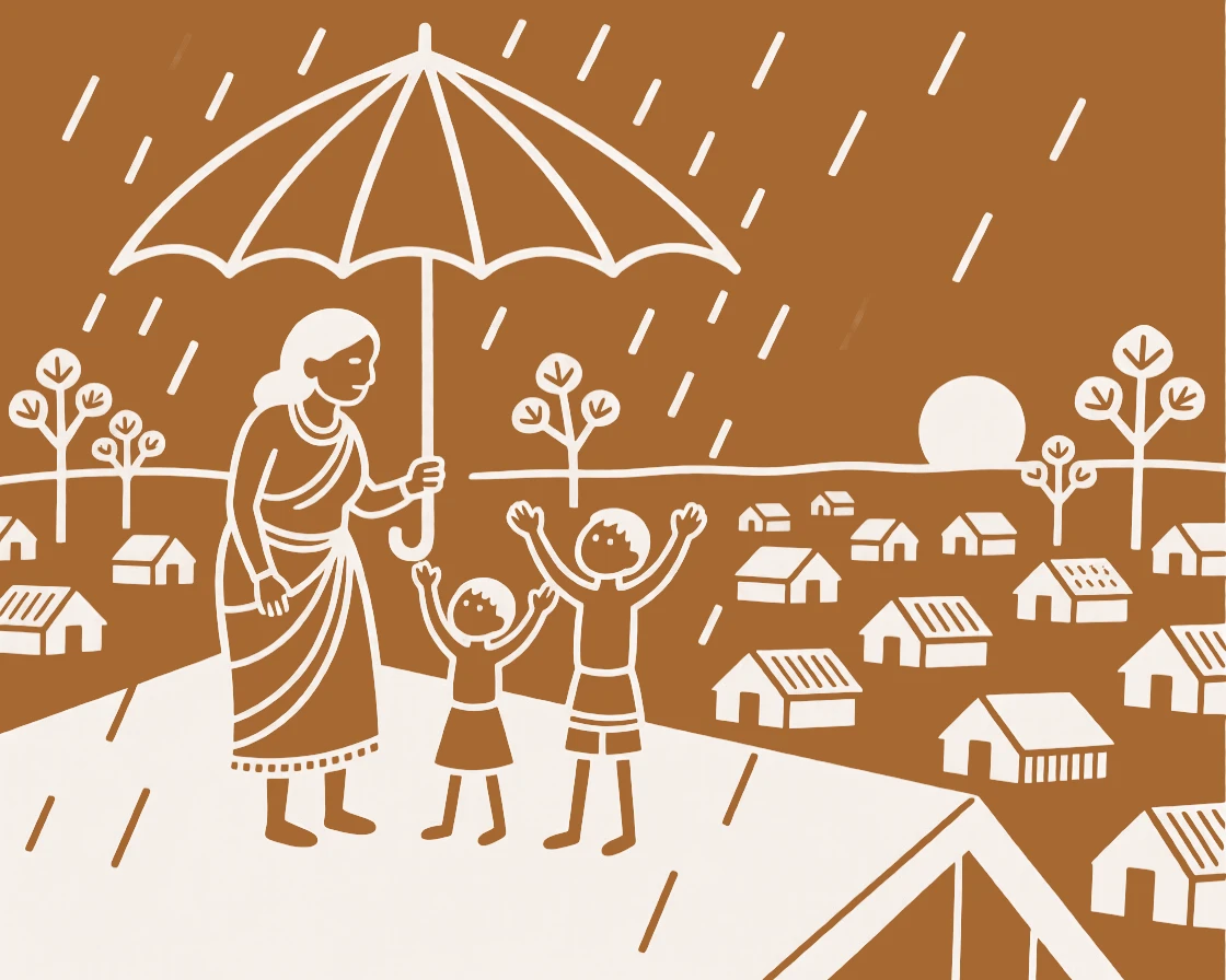 A widow and her grandchildren sharing an umbrella during a sudden rain shower on a rooftop overlooking the village.