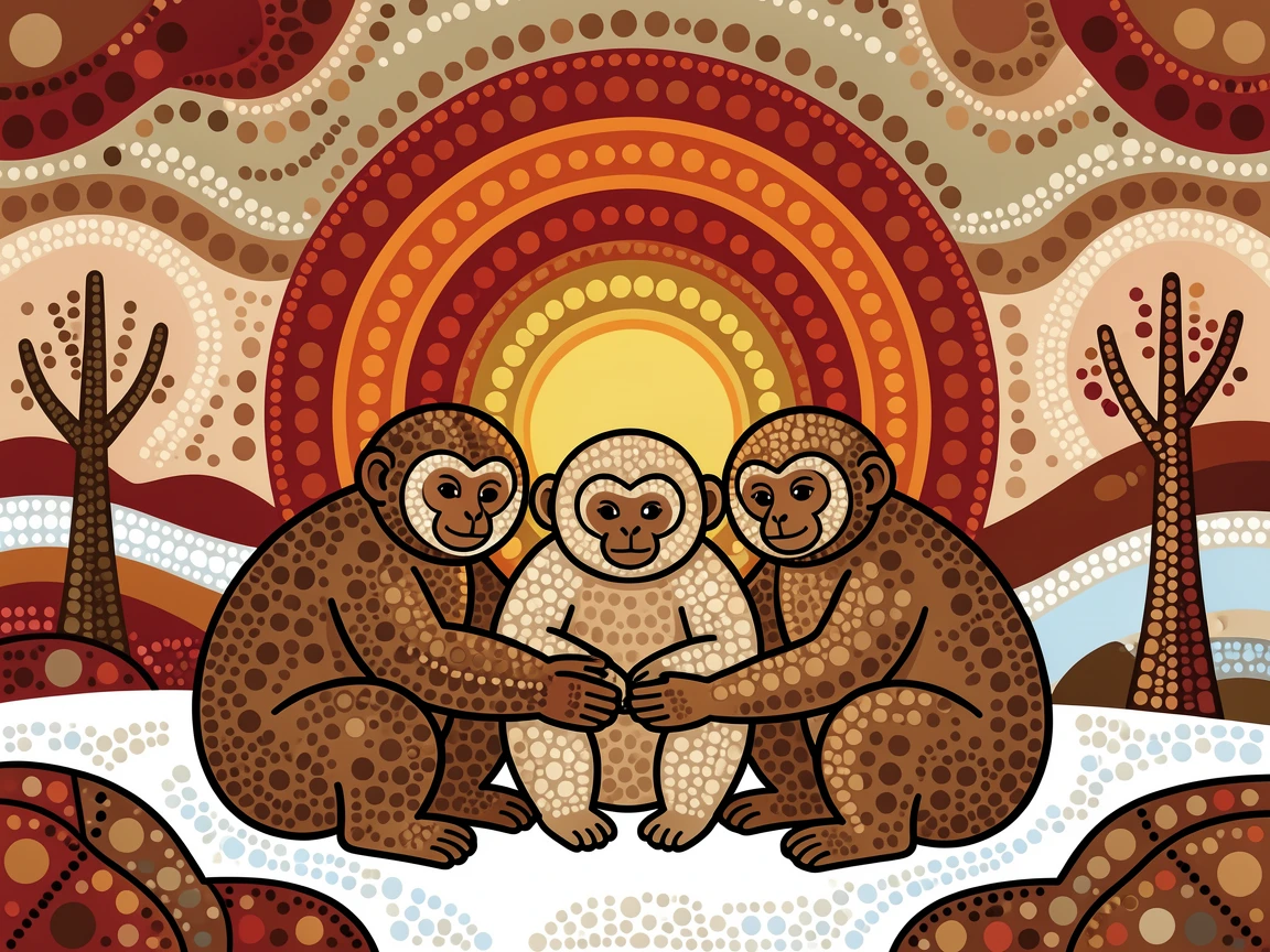 A snow monkey family gathered at sunset