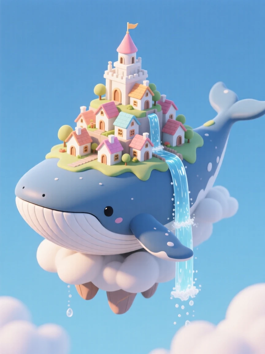 A cloud kingdom city built atop a giant floating whale, with waterfalls pouring off its sides and small houses nestled along its back like a living island.