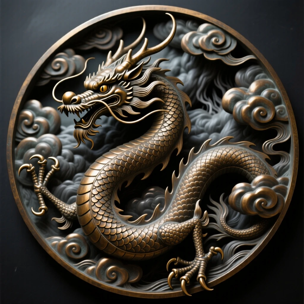 A japanese dragon spiraling through storm clouds, framed by dramatic storm clouds, radiating awe and grandeur