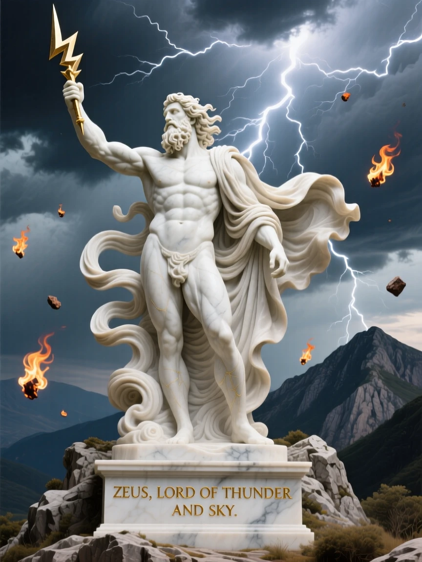 Zeus commanding a thunderstorm from a mountaintop, surrounded by swirling light and floating embers, radiating power and legend