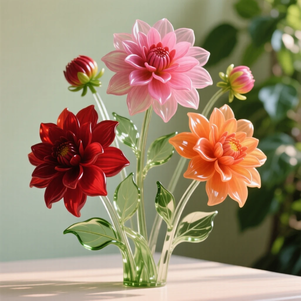 Dahlias in vivid colors in a lush garden setting with soft green foliage behind, gentle afternoon light, feeling romantic and inviting.