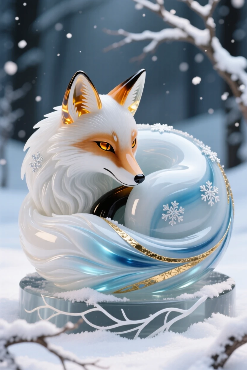 A snow-covered fox curled into a perfect circle in a quiet winter clearing, cozy and serene.