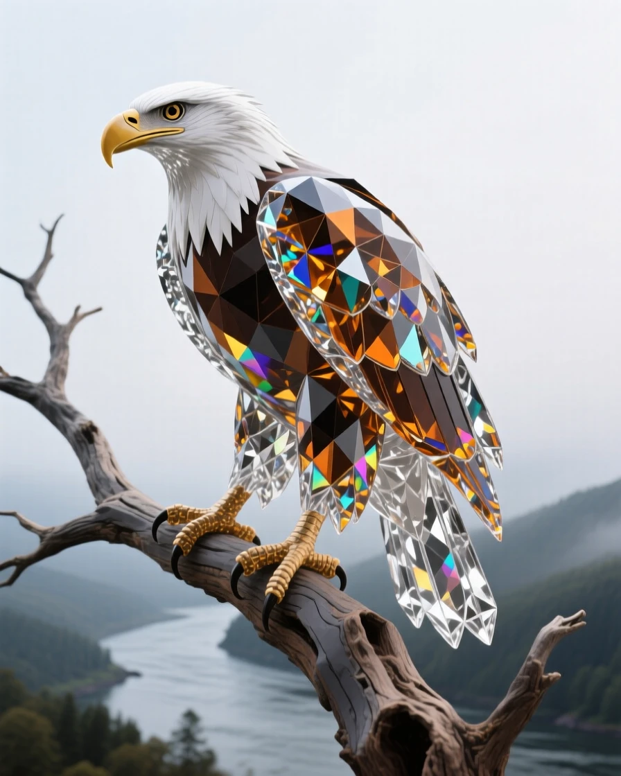 A majestic bald eagle perched on a dead tree branch overlooking a misty river valley.