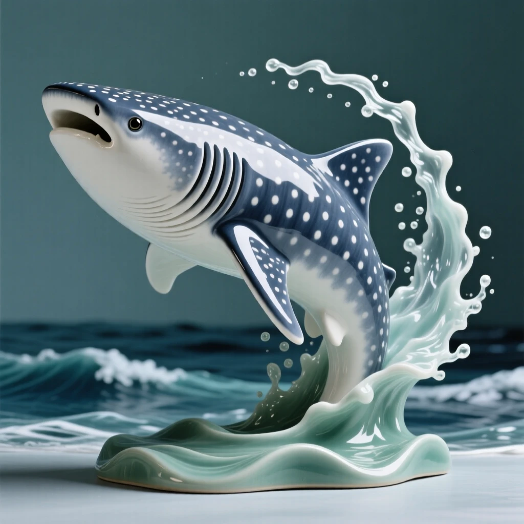 A whale shark gliding gently through open water breaching in a dramatic arc of spray, its surface dappled with shifting light patterns, stirring wonder at the mysteries of the deep.