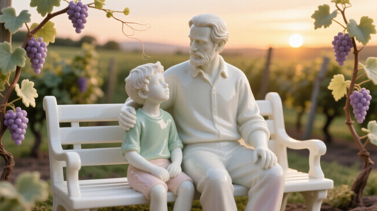 A tender scene of a father and son watching a sunset from a garden bench in a vineyard at golden hour, a soft breeze lifting loose strands of hair.
