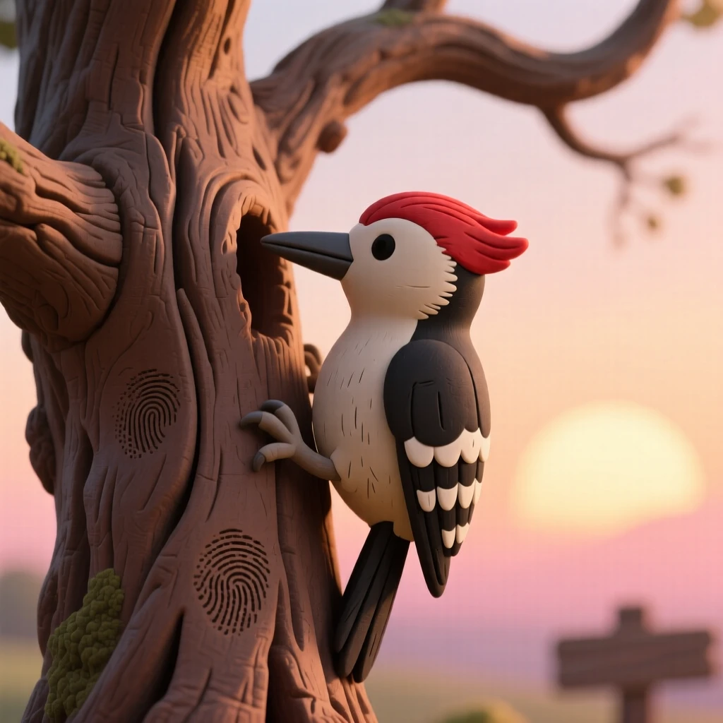A woodpecker tapping rhythmically on an old oak tree at sunrise