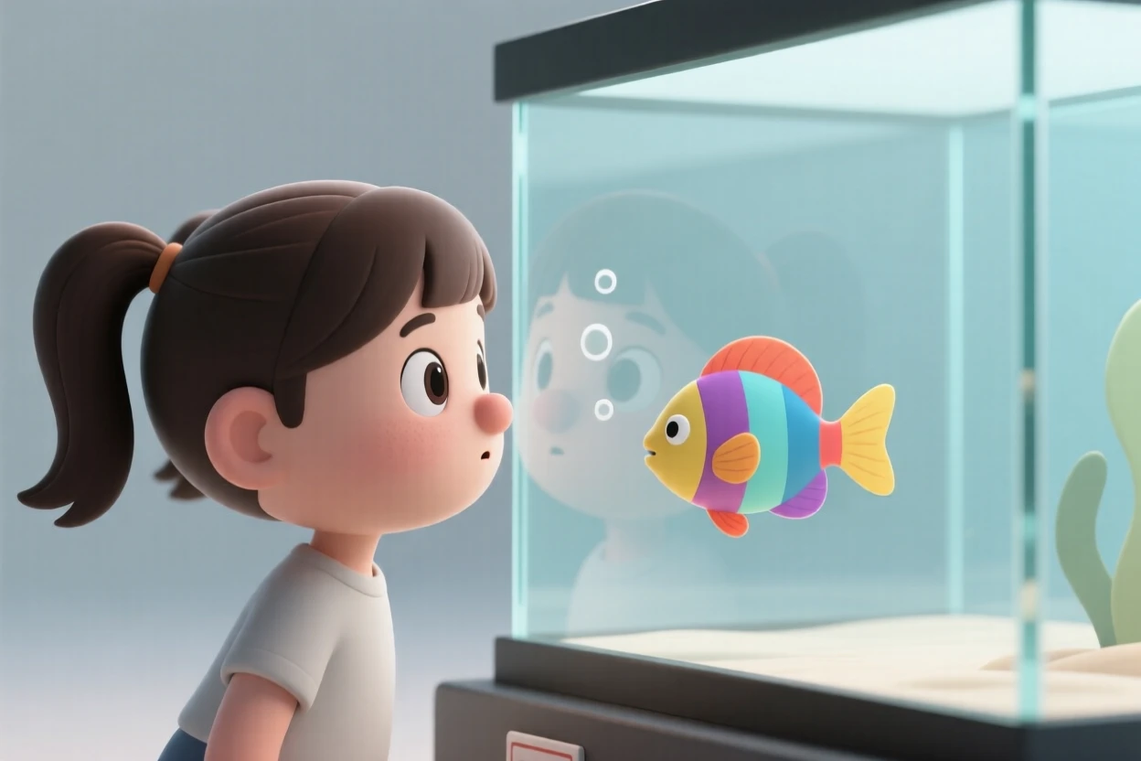 A curious little girl in pigtails presses her nose against an aquarium glass, eyes wide as a colorful fish swims past.