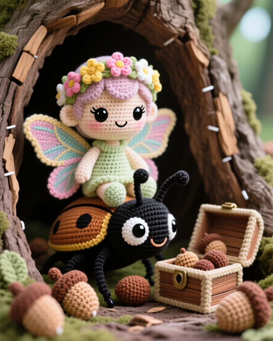 a small forest fairy, with delicate butterfly wings and a flower crown, riding on the back of a friendly beetle, within a cozy hollow inside a giant tree trunk, near a small wooden chest overflowing with acorns, radiating dreamy tranquility under a magical sky.