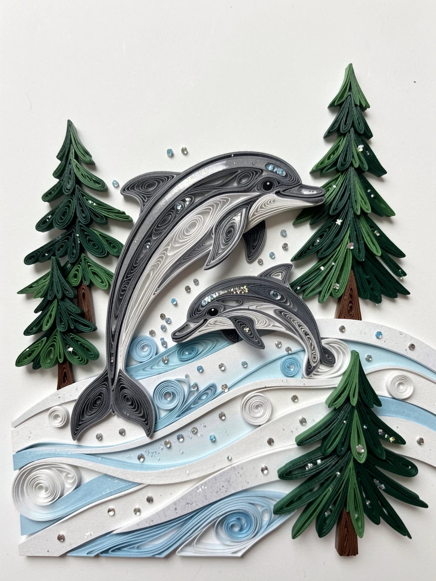 a baby dolphin leaping beside its mother, on a snowy hillside dotted with pine trees, captured mid-motion with a joyful, candid feel, with tiny sparkling highlights catching the light.